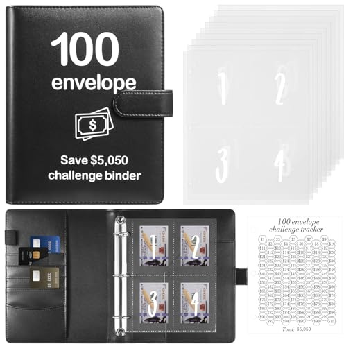 100 Envelopes Money Saving Challenge Binder with Laminated Tracker, Budget Binder with Cash Envelopes, Easy and Fun Way to Save $5,050 (Black)