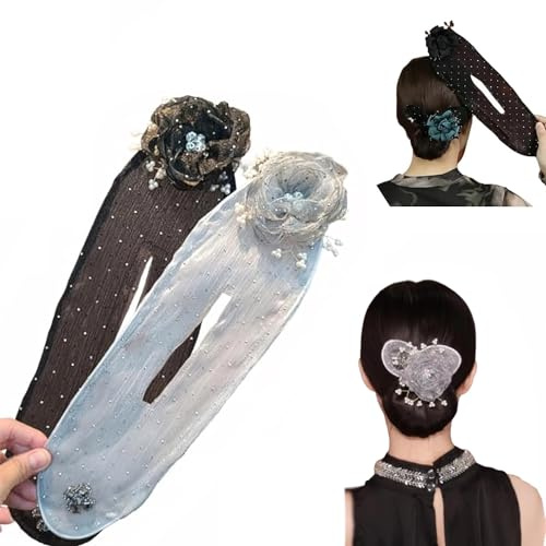 Hand Embroidered Flowers Deft Bun Maker,Deft Bun Clip for Long Thick Hair,Ball Hair Clip,Flower Hair Bun Roller,Lazy Hair Curler Bun Tool for Women and Girls (2pc-A)