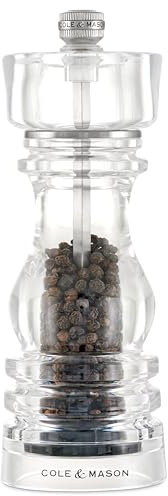 Cole & Mason London - Macinapepe in acrilico, meccanismo di precisione + carbonio, macinapepe con macinino regolabile, 180 mm, meccanismo a vita