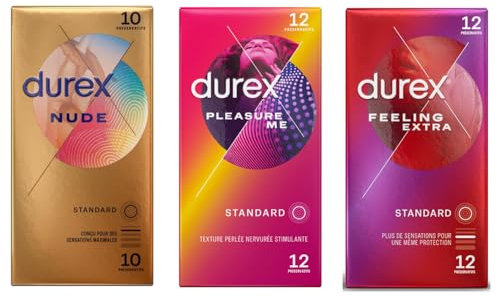 DUREX - Lot de 3 Boîtes de Préservatifs - Nude x10 - Pleasure Me x12 - Feeling Extra x12