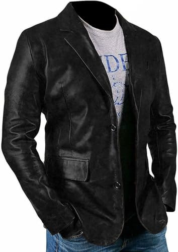 MERCH ATTIRE Herren-Lederblazer, Lammfell-Lederblazer, lässiger Blazer für Herren, Schwarz - Blazer mit zwei Knöpfen, XXL