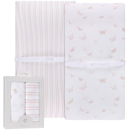 Ely’s & Co. Changing Pad Cover, Diaper Changing Table Sheets, 2 Pack, Cradle Sheet Set for Baby Girls, 100% Jersey Knit Cotton, 32”x16”x5” Pink Butterfly + Stripe Collection