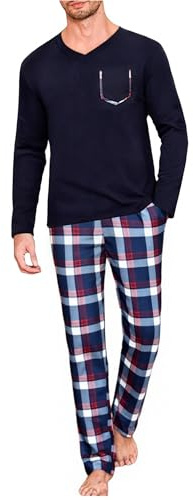 Uniexcosm Pigiama Uomo Lungo Pigiama da Uomo in Cotone Pigiami Due Pezzi da Uomo Invernale Leggero a Tasche Laterali Blu Navy L