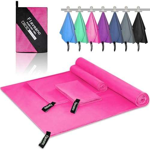 Flaveano Toalla Microfibra, Juego de 3 Toalla Gimnasio (180x90cm, 80x40cm, 50x30cm), Secado Rápido para Viajes, Camping, Piscina, Playa y Deportes - Rosa