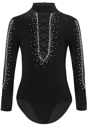 Xnihocha Turnanzug Jungen Ballett Trikot Langarm Strass Gymnastikanzug Tanzbody Slim Fit Hemdbody Latein Tanzkostüm Schwarz 134-140