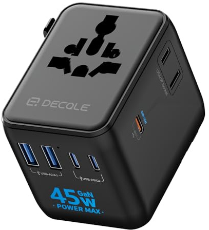 decqle “Pro” Universell Reseadapter med 3 USB-C(GaN 45W) ＆ 2 USB-A | Internationell Reseadapter, INGEN Spänningsomvandlare, för Tyskland, USA, England, Australien ＆ 200+ Länder (Svart)