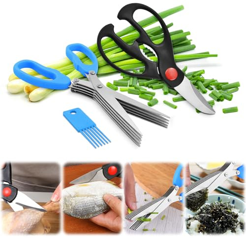 2PCS tijeras para hierbas,tijeras de cocina,5 hojas para picar albahaca,cebollino y perejil;tijeras de cocina,tijeras duraderas de acero inoxidable para cortar carne, pollo (Blue+Black)