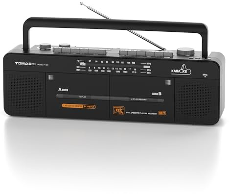 Cassette Tape Player with Stereo Sound, Dual Tape Decks, 3-Band Radio, USB/TF Card Playback, and Tape-to-USB/TF Card Recording Function