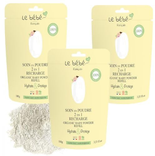 Lot de 3- Soin en poudre Bio 2 en 1 pour corps et Bain 100% végétal et naturel, Poudre de Bain lactée adoucissante, Sans talc, Protège et Apaise pour peau sensible et irritée
