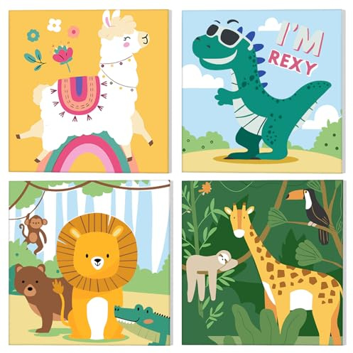 NAIMOER 4 Pack Dinosaurio Pintura por Números con Marco Adultos Niños, Animales Pintura por Números Sobre Lienzo con Marco de Madera,Pintura Arte Regalos 20x20cm