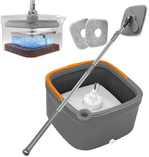 Wischmopp Set mit Eimer | 128 cm Teleskopstiel Einstellbare Länge 360° Rotation | 2 Mikrofaserpads mit Auswringfunktion | Mop Set Bodenreiniger Fensterreiniger | Nass&Trockenreinigung für Haushalt