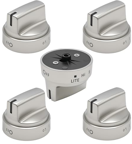 Hoypeyfiy 5Pcs WB03X24818 Gas Stove Knobs Replacement for GE Range Cooktop Oven, Surface Burner Control Knobs Compatible with JGB700SEJ4SS JGB735SP1SS, Replaces AP5989029 PS11729081, Silver