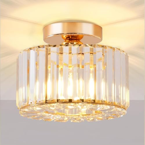 Seruno X Plafonnier en Cristal, Plafond Moderne Doré, Luminaire E27 Lustre Semi-Encastré pour Salon, Chambre, Cuisine, Salle à Manger, Couloir, Salle de Bain, Hall d'entrée, Bar