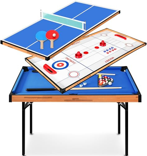 SereneLife 4 in 1 Multi Game Table, 4’x2’ Folding Portable Sports Arcade with Accessories, Ping Pong, Air Hockey,Pool Billiards, and Shuffleboard, For Family, Kids and Adults, Indoor and Outdoor Games