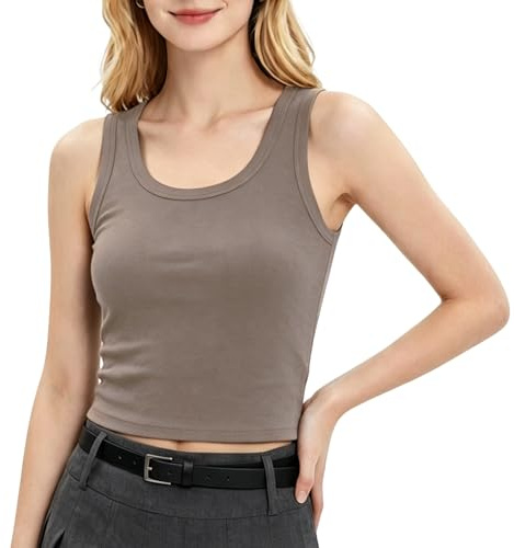 Women's short Ribbed Stretch Tank Top Scoop Neck Sleeveless Fitted Summer Basic Slim Cute Top Casual Layering Cami Shirt