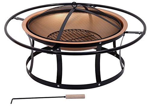 CATTARA Brasero pour le jardin, 60 cm de diamètre, rond, avec couvercle, grille et tisonnier avec grand bol et peinture en laiton résistante à la chaleur