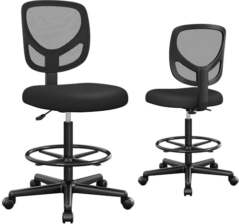 SONGMICS Drafting Stool Chair, High Office Chair, Ergonomic Painting Chair with Adjustable Height Footrest, Standing Desk Chair, Seat Height 55-75 cm, Loading Capacity of 120 kg, Black OBN15BKUK