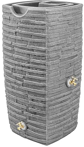 Good Ideas Impressions Riverwalk Rain Water Collection Barrel, Dark Granite, 50 Gallon - Faux Slate Rock Rainwater Catcher, Plastic Storage Drum with Dual Robust Metal Spigots & Fine Mesh Screen