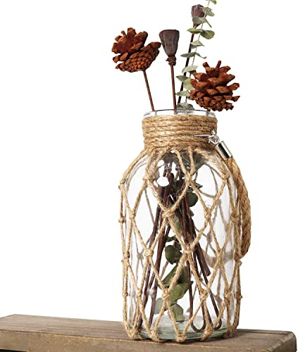 Funsoba Rustic Hanging Mason Jar Creative Rope Net Dry Flower Glass Vase with Handle (1 Vase 8)