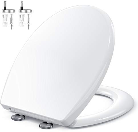 WC Sitz, MUJIUSHI Toilettendeckel O-Form Klodeckel mit Quick-Release-Funktion, Absenkautomatik und Justierbaren Edelstahlscharnier, Antibakterielle Klobrille PP Toilettensitz