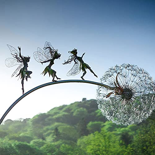 Hadas y diente de león bailando juntos – Decoración de jardín de metal Fairy Bloom decoración de jardín, jardín de hadas mítico de hadas, figura mágica de coleccionista
