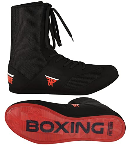 FISTRAGE Leather Kick Boxing Shoes Fighting Sports Master Training Mesh Unisex Pro Men's and Youth Genuine Boot Light Weight | Black Color Boxing Shoes for Adults (Black High-Top, 40)