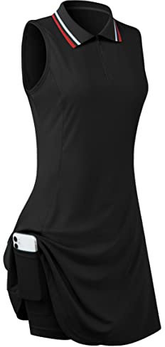 FREEYE Womens Golf Dresses Inner Shorts with Pockets, Sleeveless Polo Tennis Dress Stretch Collared Tank Tops Dresses Workout Casual Zippered Sport Clothes Attire Active-wear Athletic Black Medium