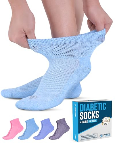 Doctor's Select Ankle Diabetic Socks for Women and Men - 4 Pairs | Moisture Wicking Neuropathy Socks for Women | Light Blue, Blue, Purple, Pink