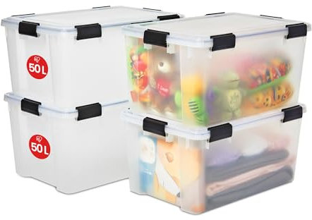 Iris Ohyama Luftdichte Kunststoff-Aufbewahrungsboxen mit Deckel, 50L, 4er-Set, Transparent, Hermetischer wasserdichter Verschluss, Robuste Schnappverschlüsse, Stapelbar, Staubschutz, BPA-frei, AT-L
