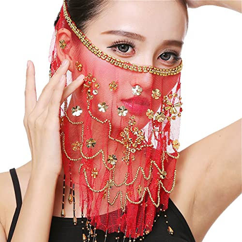 SamHeng Velo facial de danza del vientre, velo facial de gasa con cuentas de lentejuelas para disfraces de danza del vientre Accesorio de disfraces de Halloween para mujeres y niñas