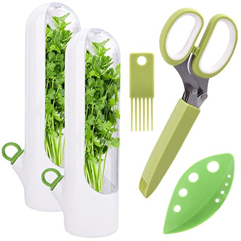 CALIDAKA Juego de conservador de hierbas para refrigerador, tijeras de hierbas, paquete de removedor de hierbas mantiene las verduras frescas durante 2-3 semanas (tamaño: 2 unidades)