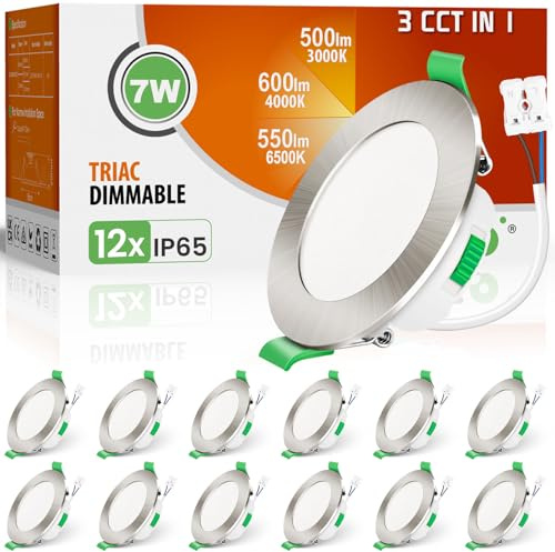 ALUSSO 3CCT LED Downlights Ceiling Dimmable 7W IP65 Cutout 67-75MM 12 Pack | Slim Recessed Ceiling Lights, 3000K 4000K 6500K Selectable Bathroom Kitchen Spotlights, Round Brushed Nickel