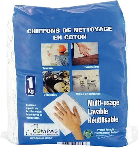 Compas - Chiffons d'essuyage absorbants 100% coton (sac de 1kg) issus de blanchisserie COMPAS