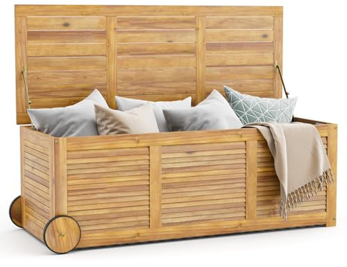 Tangkula 48 Gallon Outdoor Storage Box with Wheels, Portable Patio Acacia Wood Deck Box, with Side Handle, Waterproof Cover, for Patio, Balcony, Poolside, Garden (Natural)