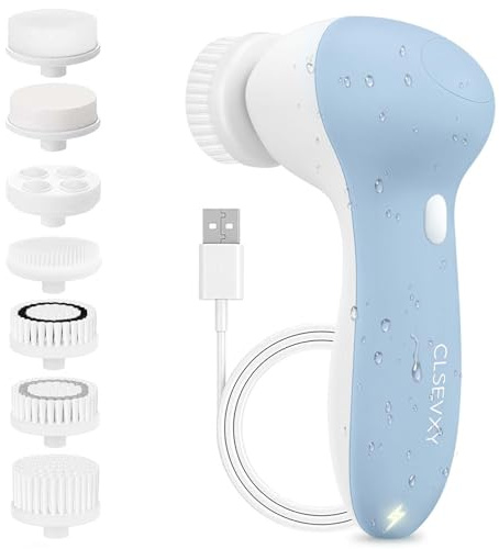 Rechargeable Facial Cleansing Spin Brush Set with 7 Exfoliating Brush Heads - Complete Face Spa System by CLSEVXY - Advanced Microdermabrasion for Gentle Exfoliation and Deep Scrubbing