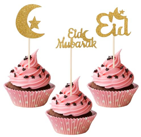 PEUTIER 24pcs Gold Eid Cupcake Toppers, Moon Star Cake Toppers, Ramadan Kareem Decorations