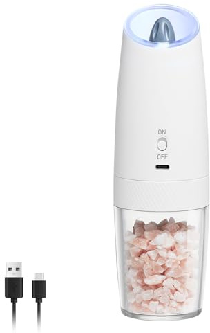 ELMWAY Gravity Rechargeable Salt and Pepper Grinder – Automatic Electric Salt & Pepper Mill with Adjustable Coarseness, One-Hand Operation, LED Light & Safety Switch – White (Single)