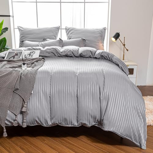Amolavet Hotel Bettwäsche 135x200 Mikrofaser Grau 2teilig Set Bettwäsche 135x200 Mako Satin Mikrofaser Damast Streifen Grau mit Reißverschluss für Ganzjährig