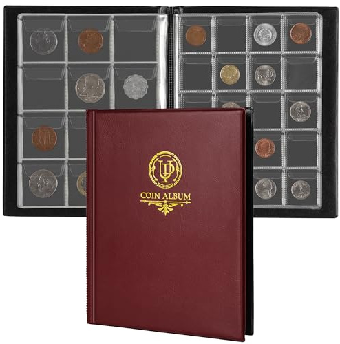 160 Pockets Coin Album - 10 Sheets Mixed Sizes Coin Holder 45x43/33x33 mm Collecting Grid for Pounds Pence Cents (Red) CS48160RE