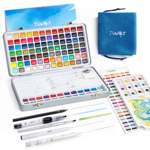JusArt Set de acuarelas 108 colores, material artístico con colores metálicos, pinceles de detalle, rotuladores de agua, set de acuarelas portátil de viaje para adultos, artistas y profesionales