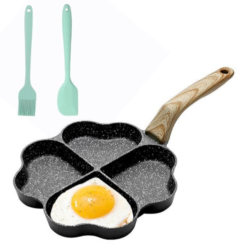 Umllpet 4-håls hjärtform äggpanna, stekpanna non-stick, pannkakspanna, non-stick omelettpanna med silikonspatel och borste för, frukost pannkaka panna för omelettkorv hamburgare (svart)