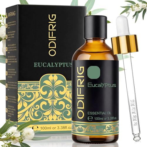 ODIFRIG Olio essenziale di eucalipto, 100 ml, Olio essenziale di eucalipto per aromaterapia, massaggio, SPA, bagno, DIY, diffusore, sauna & olio profumato, Incluye Pipeta