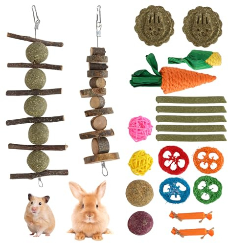 Natural Rabbit Toys Boredom Breaker 21-piece Set, Chew and Activity Toys for Rabbits Hamsters Guinea Pigs, Wooden and Straw Small Animal Tools for Teeth Grinding Play Enrichment Daily Exercise