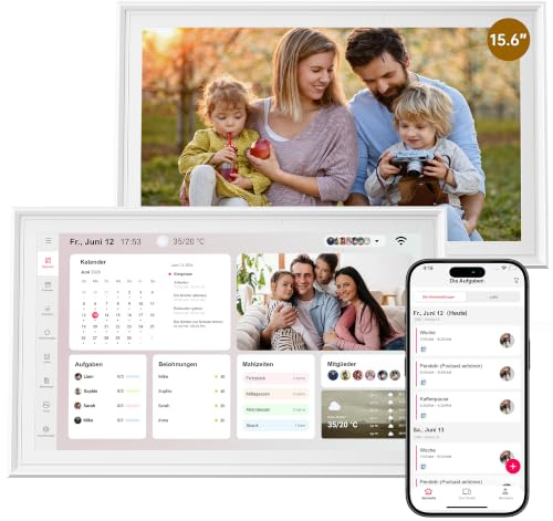 HGFRTEE 15,6 Pouces Calendrier Numerique Mural Familial– IPS Écran Tactile 1920×1080P, Planificateur Familial Intelligent avec 32 Go, Cadre Photo Numérique WIFI, Connexion Google/iCloud/Outlook