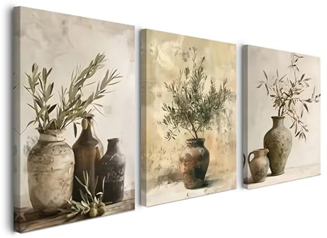 Alptiny Canvas Wall Art Olive Branch and Vase Artwork Set of 3 Painting on Canvas Prints Poster Wall Pictures Decoration for Living Room, Bedroom Hallway 30x40cm/12x16inch
