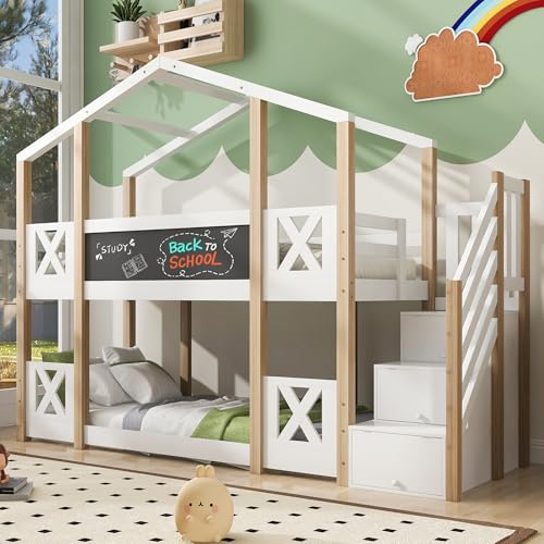 NuvlaGu Letto a castello, 90 x 200 cm, per bambini, capanna sugli alberi, con spazio portaoggetti e protezione anticaduta, 2 reti a doghe, naturale e bianco (bianco)