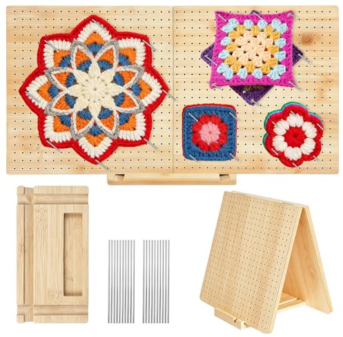 GAESHOW Crochet Blocking Board and Pins with 20 Pegs, Foldable Blocking Board for Crochet, Open: 22in×11in, Folded: 11in×11in, Granny Square Blocking Board for Crocheting and Knitting