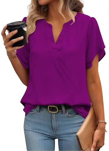 Zeagoo Blusa elegante de verano para mujer, de manga corta, de gasa, cuello en V, túnica, de malla, de doble capa
