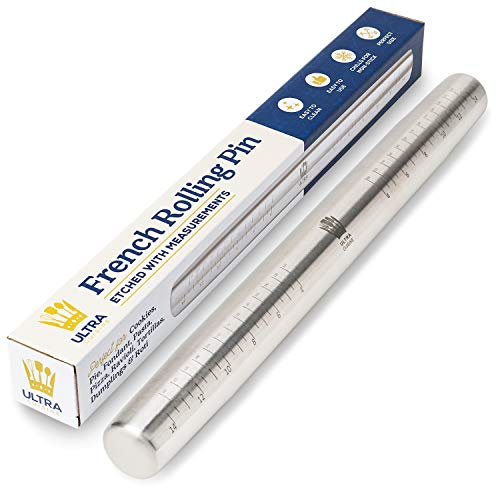 Ultra Cuisine French Rolling Pin for Baking – Tapered Stainless Steel Design with Measurements, Professional or Home Use with Pizza, Cookie, & Pastry Dough, or Fondant and Pie Crust – Dishwasher-Safe