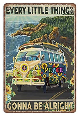 Dreacoss Little Thing Gonna Be Alright Hippie Car Tin Signs, Hippie Car Travel Retro Funny Metal Sign Vintage Wall Art for Kitchen Garden Bathroom Farm Home Coffee Decor Tin Sign, 20x30 cm